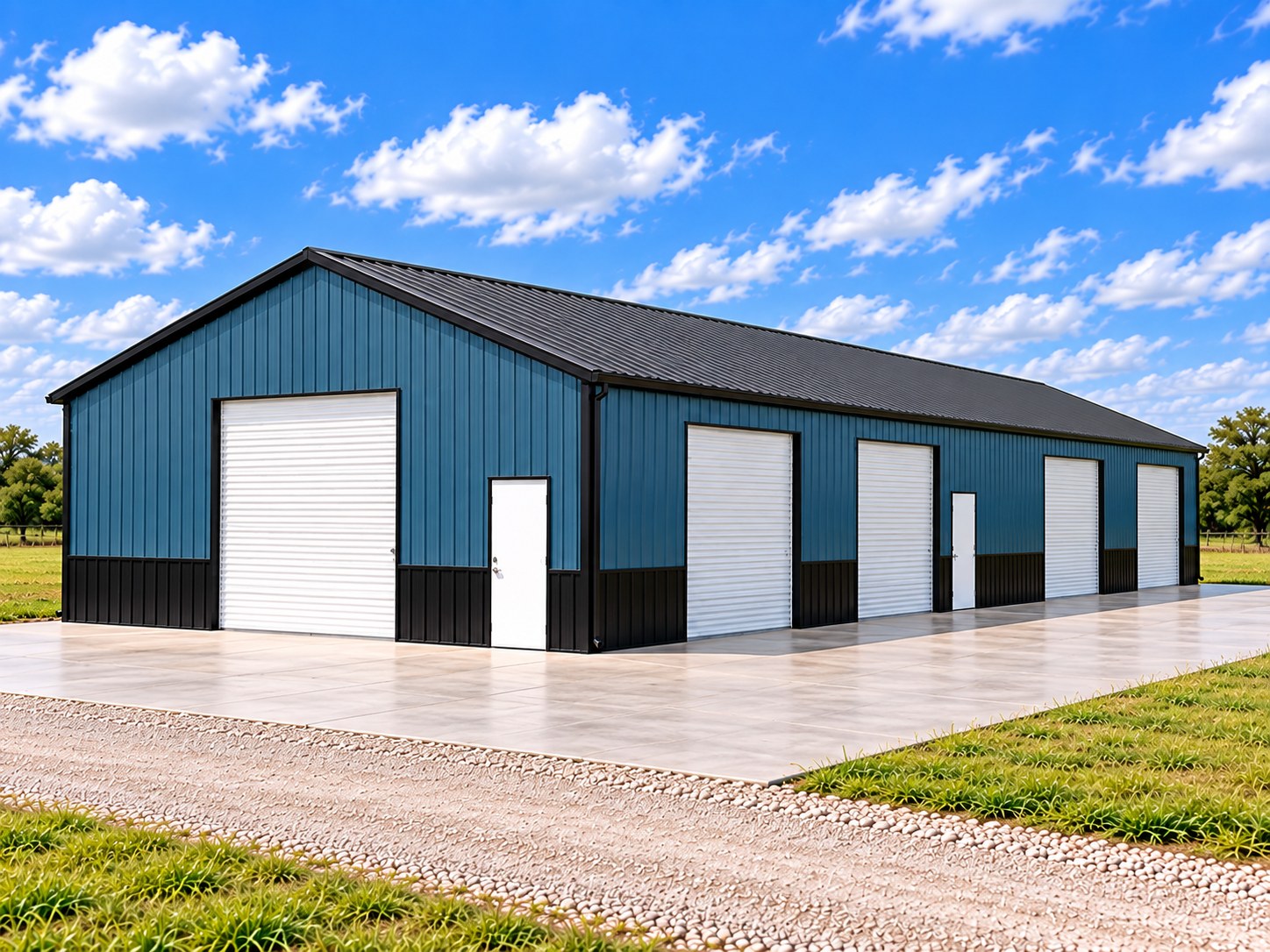 Concept rendering of a blue 40 by 100 foot commercial metal building with a charcoal roof, five white roll-up doors and two walk-in doors