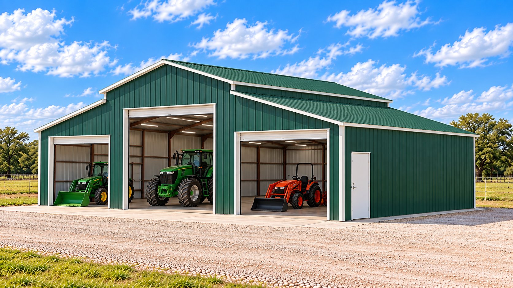 Concept rendering of a green metal agricultural building with a raised center roof, three open roll-up doors, and tractors visible inside