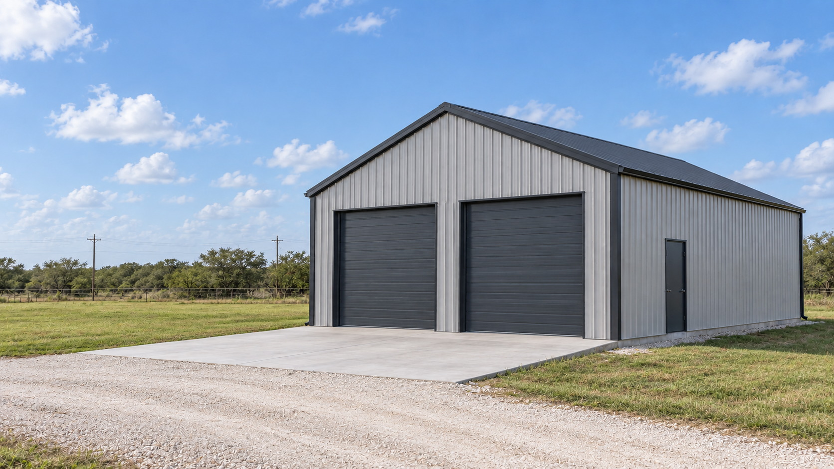 Concept rendering of a light gray metal shop building with a charcoal roof and two charcoal roll-up doors, on open land